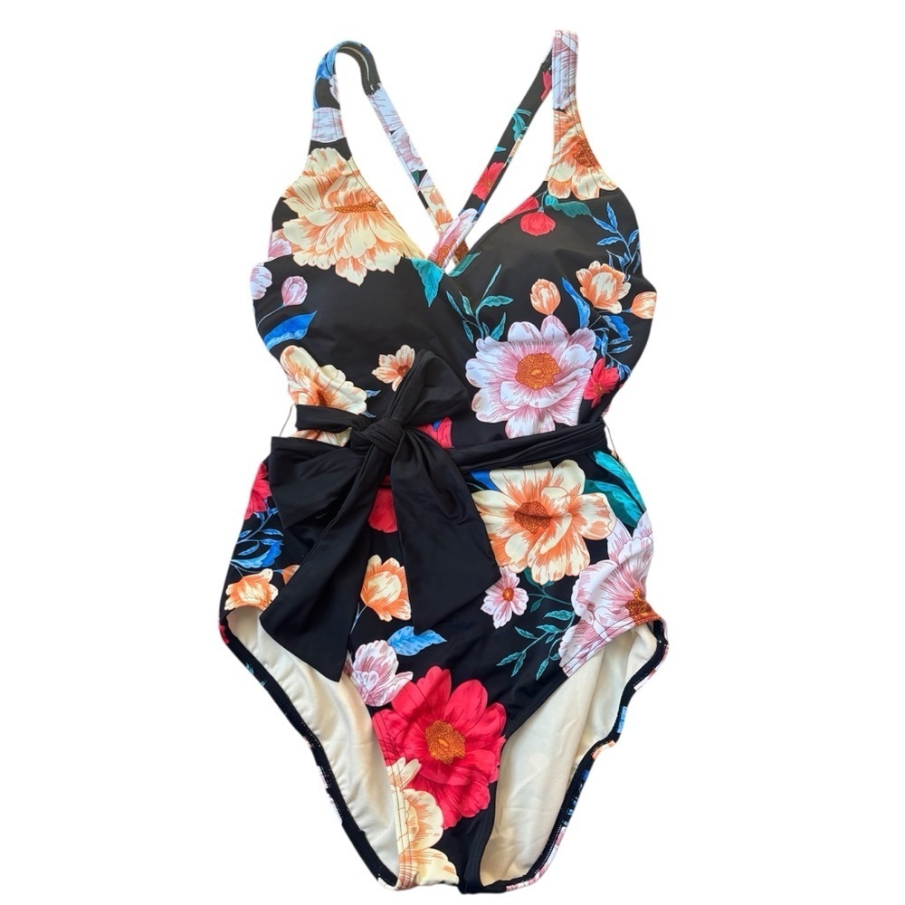 Dreamsuit By Miracle Brands Black Floral One Piece Belt Slimming Women’s 12 NWT